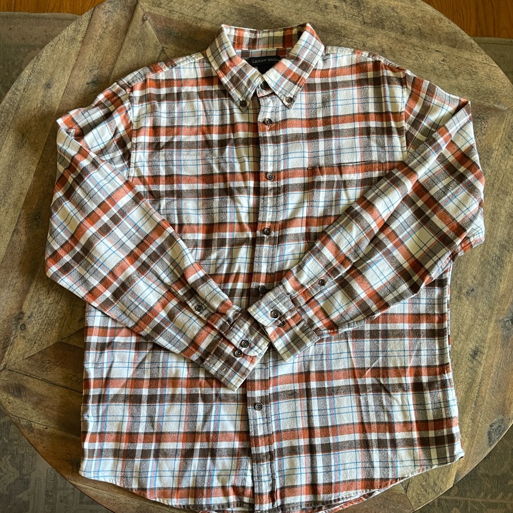 Lands' End Men's Casual Flannel Plaid Shirt - Brown, Cream, White